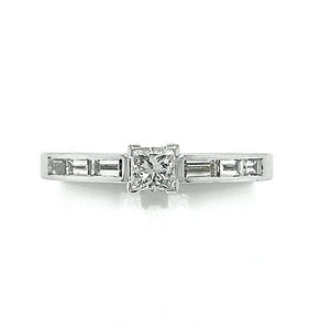 White Gold Princess Cut Diamond Ring with Baguette Diamond Shoulders