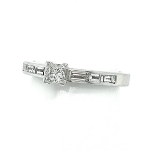 White Gold Princess Cut Diamond Ring with Baguette Diamond Shoulders