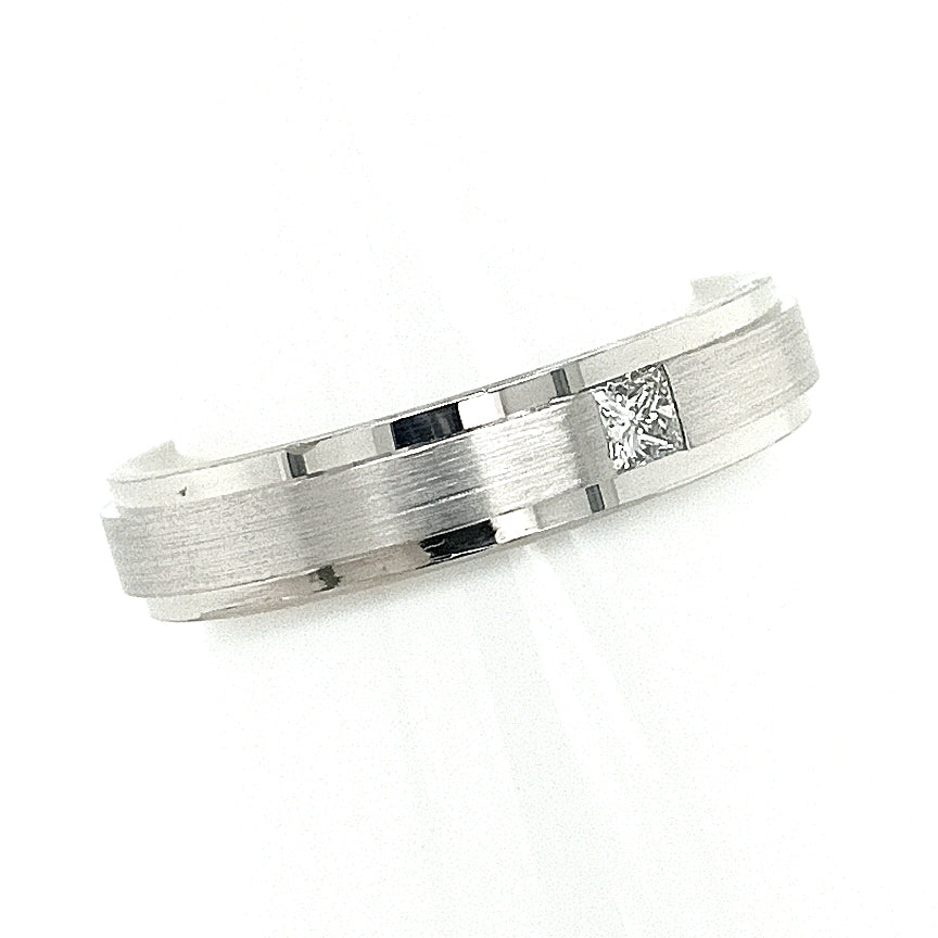 White Gold Band Ring with a flush set Princess Cut Diamond
