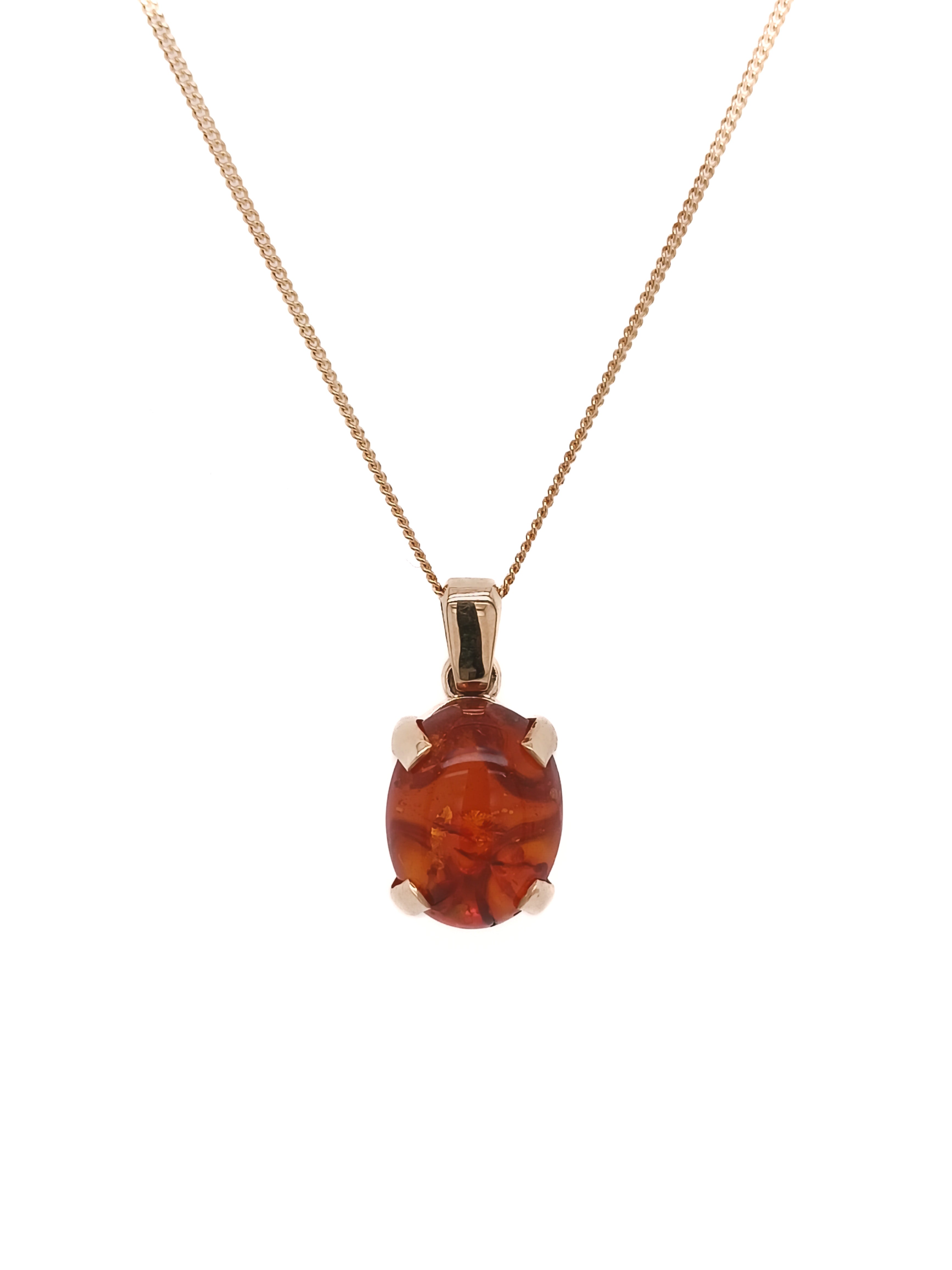 9ct Yellow Gold Oval Amber Pendant & Chain