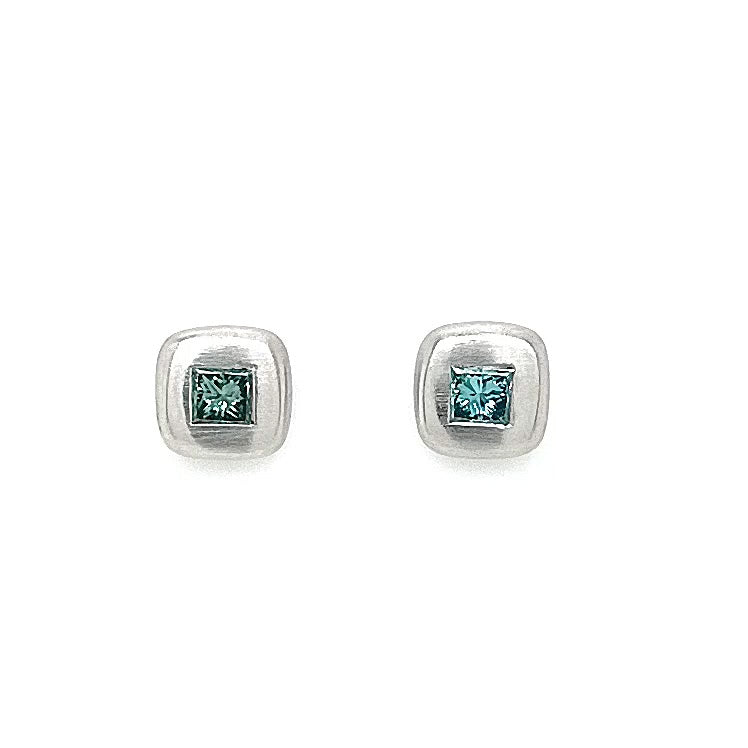 Platinum Princess-cut Blue Diamond Soft Square Satin Finish Earrings