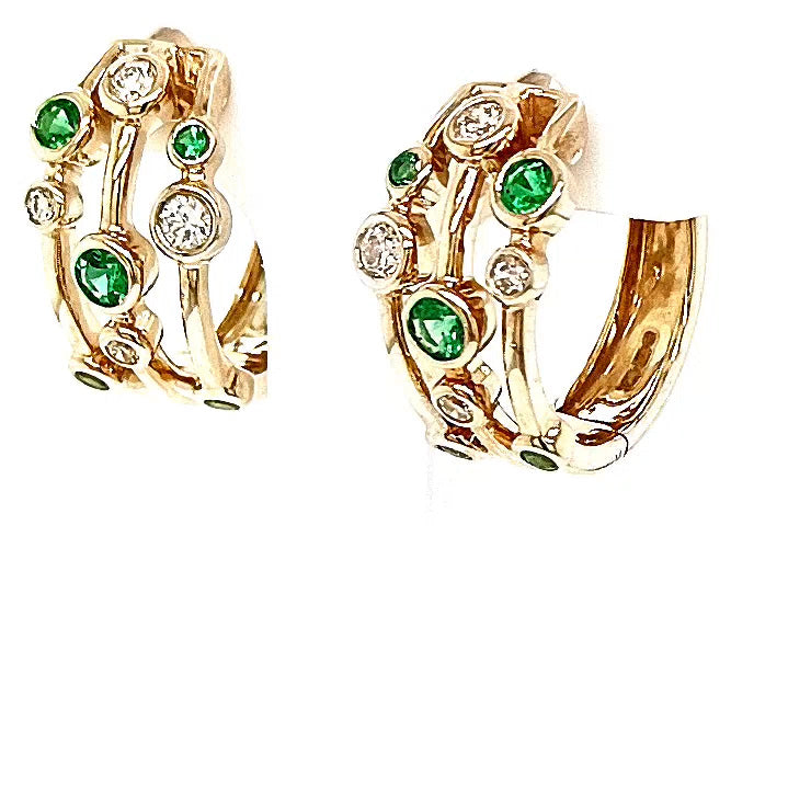 9ct Yellow Gold Emerald & Diamond Bubble Hoop Earrings