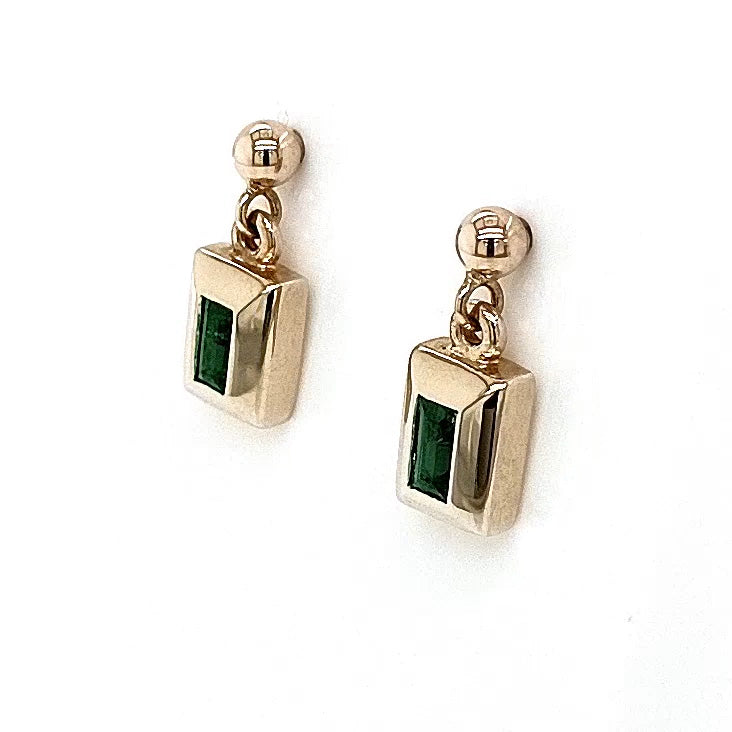 9ct Yellow Gold Baguette Emerald Drop Earrings